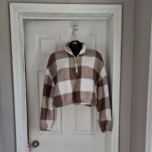 SHEIN Curve Brown White Cropped Half Zip Sherpa Pullover